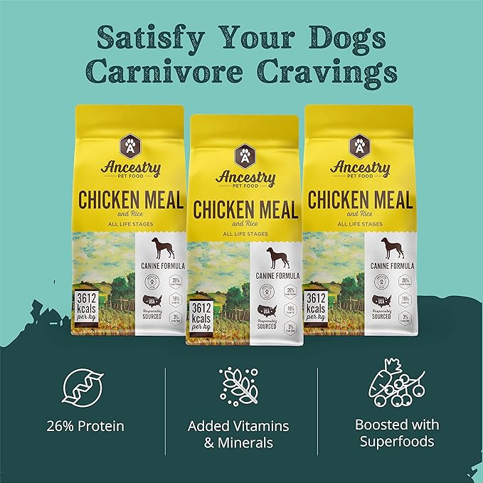 Ancestry Dog Food, Chicken Meal & Brown Rice Formula, Crude Protein, Fiber & Fat with Added Vitamins, For All Life Stages, Dry Dog Food, Improve Gut Health, Digestive & Immune Support (4 lb. Bag)