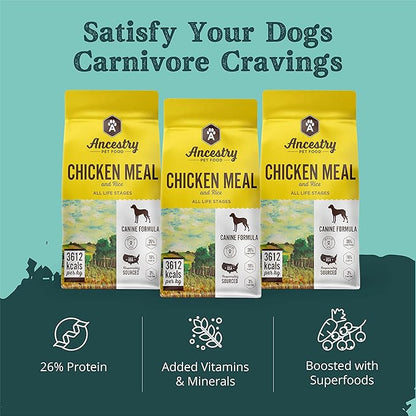 Ancestry Dog Food, Chicken Meal & Brown Rice Formula, Crude Protein, Fiber & Fat with Added Vitamins, For All Life Stages, Dry Dog Food, Improve Gut Health, Digestive & Immune Support (12 lb. Bag)