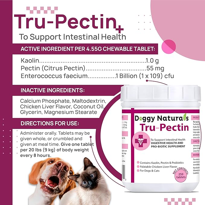 Tru-Pectin Anti-Diarrheal for Dogs & Cats, 250 Tablets– Chicken Liver Flavor –Helps Reduce Occasional Loose Stool & Diarrhea, Balance Gut pH, Support Normal Digestion & Gut Flora -Made in USA