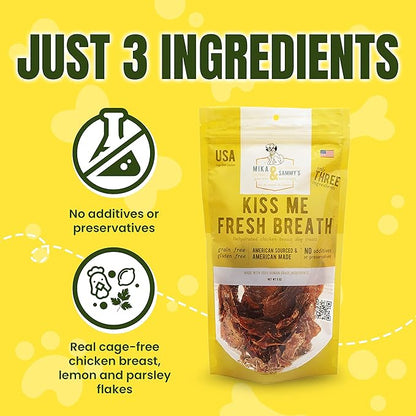 Gourmet Jerky Dog Treats - Natural Dog Treat Chicken Jerky for Dogs, Nutritious and Tasty Dog Jerky Treats Made in USA only, Cage-Free Chicken, No Additives (Mika & Sammy's Kiss Me Fresh Breath 12 oz)