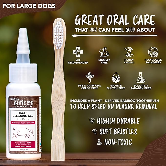 TropiClean Enticers Teeth Cleaning Gel & Toothbrush for Large Dogs | Hickory Smoked Bacon Flavor | Bamboo Brush Speeds Up Plaque Removal | Gel Helps Fight Bad Breath | 2 oz
