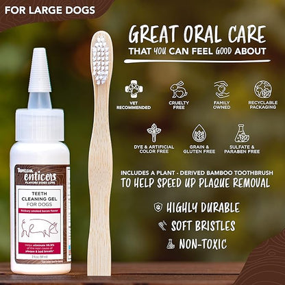 TropiClean Enticers Teeth Cleaning Gel & Toothbrush for Large Dogs | Hickory Smoked Bacon Flavor | Bamboo Brush Speeds Up Plaque Removal | Gel Helps Fight Bad Breath | 2 oz