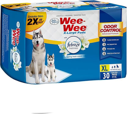 Four Paws Wee-Wee Odor Control with Febreze Freshness Pee Pads for Extra Large Dogs, Leak-Proof Floor Protection Dog & Puppy Quilted Potty Training Pads, Spring Fresh Scent, 28" x 30" (30 Count)