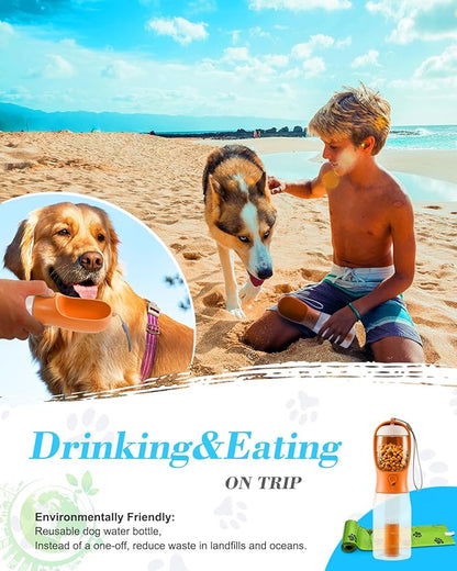 Dog Water Bottle 3 in 1, Leak Proof Portable Pet Water Bottle with Food Container & Poop Bag Dispenser, Water Dispenser for Dog, Puppy for Walking, Hiking, Camping, Travel (20oz Orange Pink)