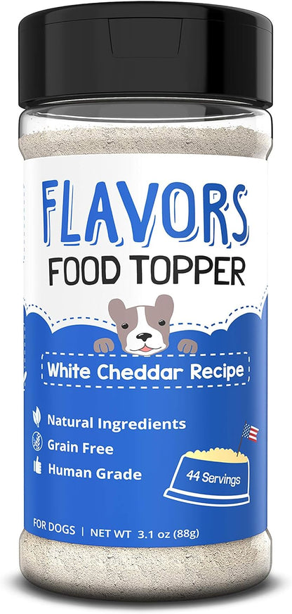 Flavors Food Topper for Dogs, Delicious Seasoning for Dog Food, Natural, Grain-Free Kibble Seasoning and Treat Mix for Picky Dogs and Puppies, White Cheddar Recipe, 3.1-Ounce