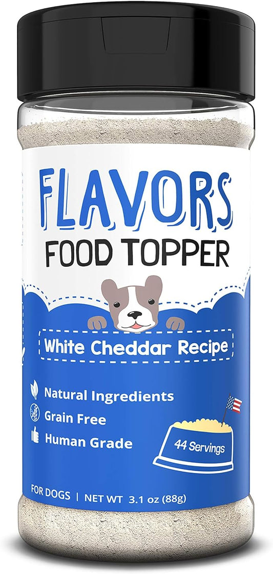 Flavors Food Topper for Dogs, Delicious Seasoning for Dog Food, Natural, Grain-Free Kibble Seasoning and Treat Mix for Picky Dogs and Puppies, White Cheddar Recipe, 3.1-Ounce