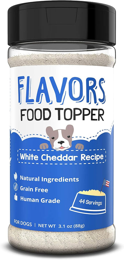 Flavors Food Topper for Dogs, Delicious Seasoning for Dog Food, Natural, Grain-Free Kibble Seasoning and Treat Mix for Picky Dogs and Puppies, White Cheddar Recipe, 3.1-Ounce