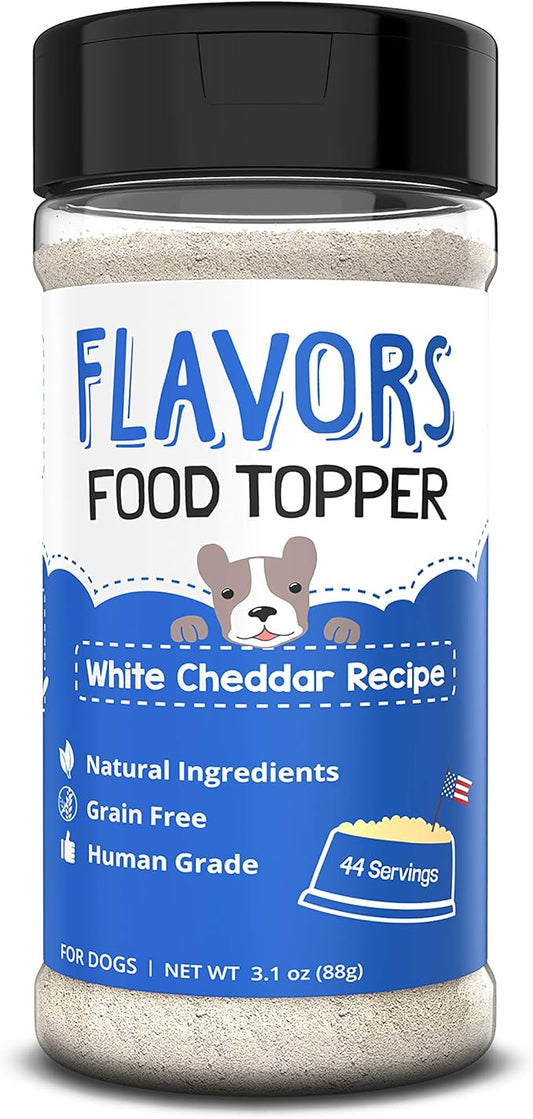 Flavors Food Topper for Dogs, Delicious Seasoning for Dog Food, Natural, Grain-Free Kibble Seasoning and Treat Mix for Picky Dogs and Puppies, White Cheddar Recipe, 3.1-Ounce
