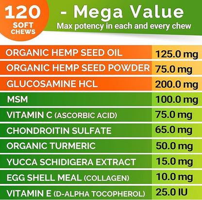 Hemp Hip & Joint Supplement for Dogs - Made in USA - Glucosamine - MSM - Turmeric - Hemp Seed Oil Infused Treats - Natural Joint Pain Relief & Mobility - 120 Soft Chews