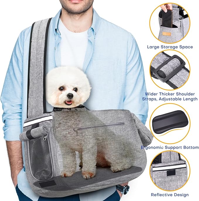Dog Sling Carrier for Medium Dogs Small Dogs 10-20lbs, Dog Carrier Sling, Pet Carrier Sling with Breathable Windows, Hard Bottom, Hand-Free for Outdoor Travel (Grey)