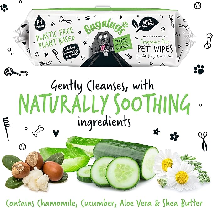 Dog Wipes, 100% Plastic Free Biodegradable pet wipes for full body, eye wipes, ear wipes, bum & paws. 110 sensitive dog grooming wipes for dogs, puppy & cat grooming (Fragrance Free)