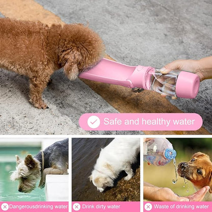 Dog Water Bottle with Food Container - Foldable Portable Puppy Travel Water Dispenser, Leak Proof Dog Water Bowl Summer Accessories for Pet Outdoor Walking Hiking (Pink)