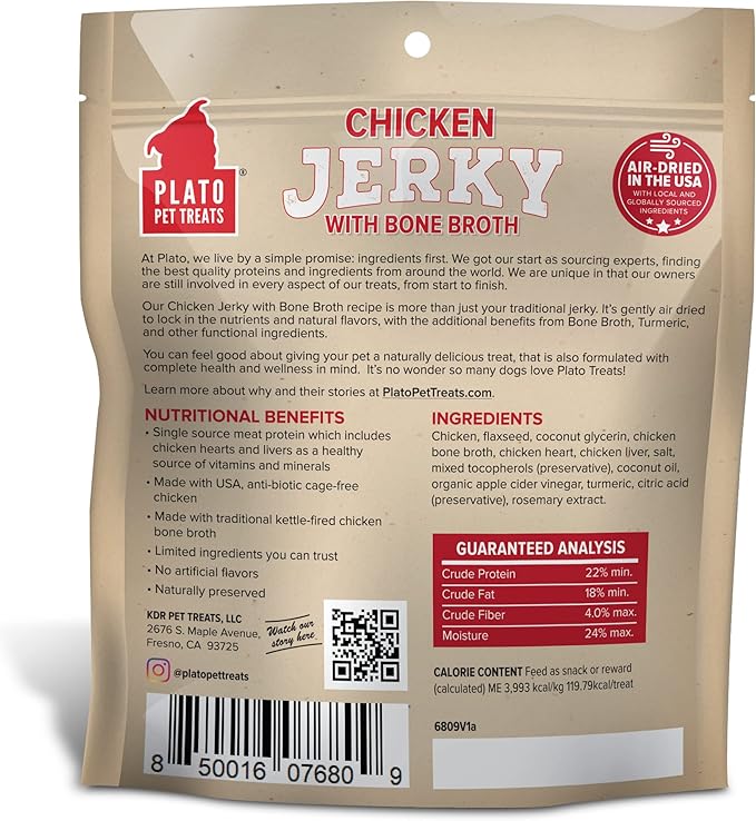 PLATO Pet Treats Air Dried, Real Meat, Chicken Jerky with Bone Broth Dog Treats, Made in The USA, Grain Free, 7oz