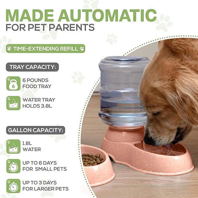 2 Pack Self Feeding Dog Food and Water Dispenser - 3.75L Automatic Pet Feeder for Small & Medium Dogs, Spill Proof Gravity Cat Feeder and Water Dispenser (Pink)