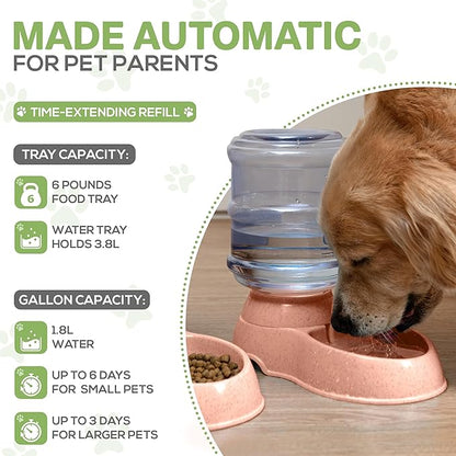 2 Pack Self Feeding Dog Food and Water Dispenser - 3.75L Automatic Pet Feeder for Small & Medium Dogs, Spill Proof Gravity Cat Feeder and Water Dispenser (Pink)