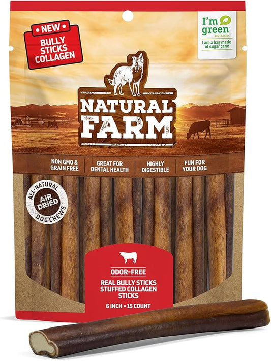Natural Farm Bully Sticks Stuffed Collagen Sticks for Dogs (6 Inch, 15-Pack), Rawhide-Free Collagen Sticks, Natural Dog Chews, Long Lasting, for Small, Medium and Large Dogs, Great Rawhide Alternative