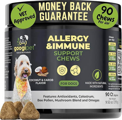 Googipet Dog Allergy Chews -Dog Allergy Relief & Itchy Skin Relief -Dog Skin & Coat Supplement +Bee Pollen, Colostrum for Dogs, Coconut Oil, Probiotics, & Omega 3 Fish Oil for Dogs Itching Skin Relief