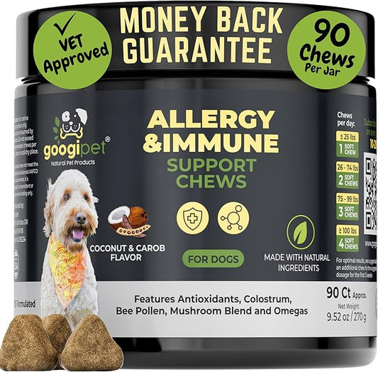 Googipet Dog Allergy Chews -Dog Allergy Relief & Itchy Skin Relief -Dog Skin & Coat Supplement +Bee Pollen, Colostrum for Dogs, Coconut Oil, Probiotics, & Omega 3 Fish Oil for Dogs Itching Skin Relief