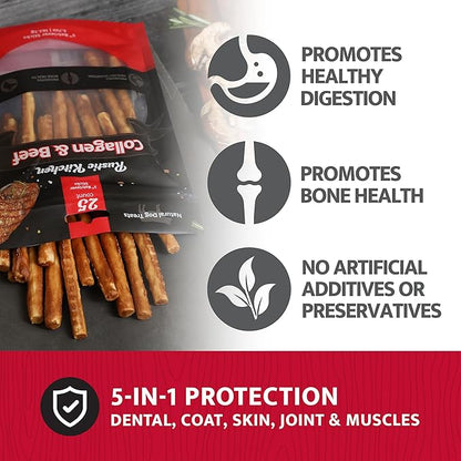 Collagen Chews for Dogs, Dog Chews Long Lasting, Rawhide Free, Retriever Sticks (Beef Flavored) 0.6cm - 25ct