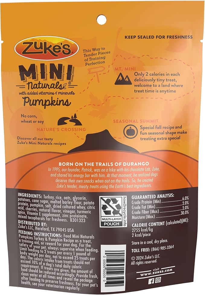 Zukes Mini Naturals Pumpkins Dog Training Treats Turkey and Pumpkin Recipe, Soft Dog Treats