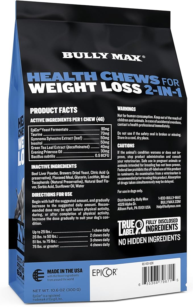 Bully Max 2-in-1 Dog Weight Loss Supplement Chews for Adult & Senior Dogs - Dog Food Supplements for Immunity, Joint Health & Weight Control - Dog Treats for Small & Large Breeds - 75 Soft Chews