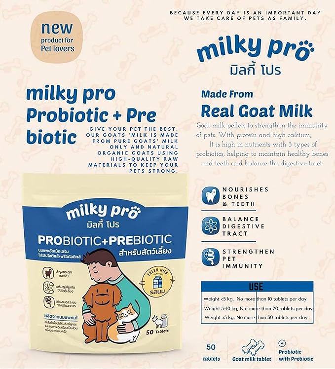MILKYPRO X2 Pcs 100 Tablets Sterilized Goat Milk Replacer Pellets for Dog Puppy Cat Pet Milk Replacer Supplement Protein Calcium Nourish Bone Teeth Strengthens Immunity Puppies Milk Replacement 140 g.
