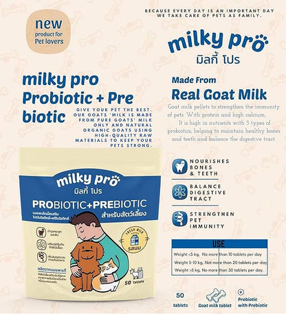 MILKYPRO X2 Pcs 100 Tablets Sterilized Goat Milk Replacer Pellets for Dog Puppy Cat Pet Milk Replacer Supplement Protein Calcium Nourish Bone Teeth Strengthens Immunity Puppies Milk Replacement 140 g.