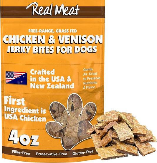 Real Meat Dog Treats - 4oz Bag of Bite-Sized Air-Dried Venison & Chicken Jerky for Dogs - Grain-Free Jerky Dog Treats Made up of 95% Human-Grade, Free-Range Venison & Chicken - All-Natural Dog Treats