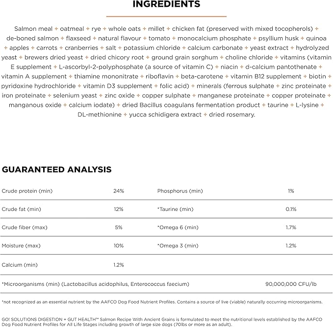 GO! SOLUTIONS Digestion + Gut Health Salmon Recipe with Ancient Grains for Dogs, 12 lb Bag - Dry Food for All Life Stages, Including Puppies, Adult and Senior Dogs