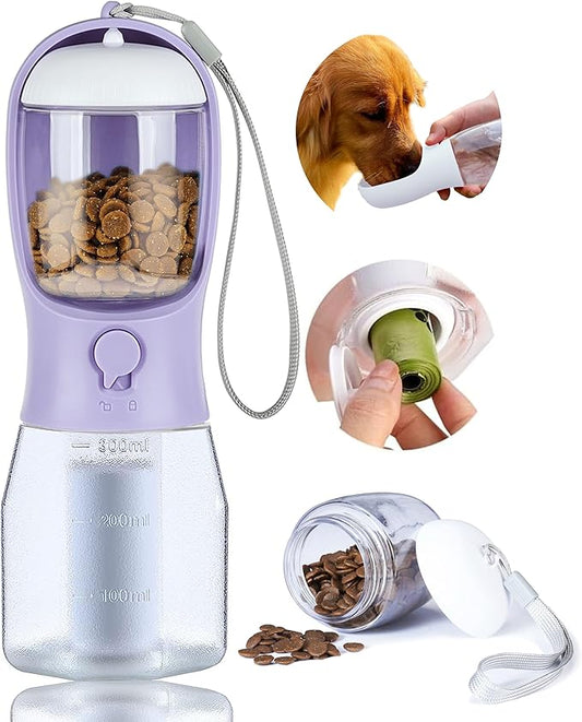 Dog Water Bottle with Food Container, Portable Pet Dog Water Dispenser for Outdoor Walking,Hiking,Travel,Puppy Essentials,Puppy Supplies,Replaceable Waste Bags