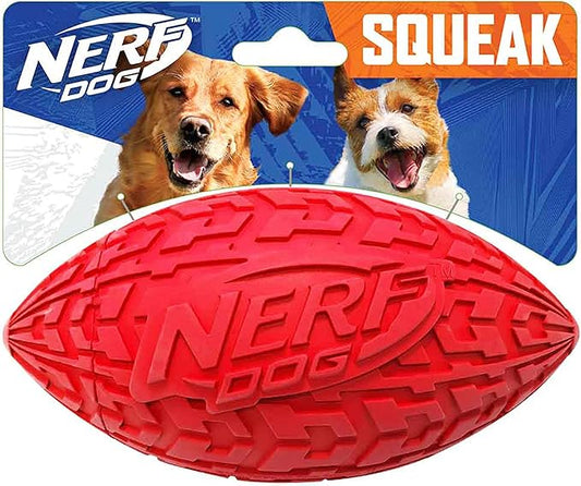 Nerf Dog Tire Football Dog Toy with Interactive Squeaker, Lightweight, Durable and Water Resistant, 6 Inch Diameter for Medium/Large Breeds, Single Unit, Red