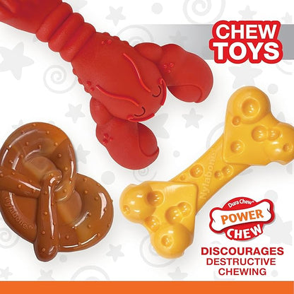 Nylabone Power Chew Dog Chew Toy Pack Bundle - Fun & Cute Dog Toys for Aggressive Chewers, Tough Dog Toys, Lobster, Cheese, and Pretzel Shapes, Small/Regular (3 Count)