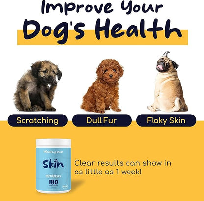 Dog Fish Oil Supplements - 180 Delicious Chew Treats - Omega 3 Rich Salmon Oil, EPA, DHA, Biotin, and Vitamin E for Healthier, Shinier, Skin, Coat and Fur, Helps Skin Allergies