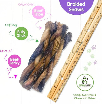 Nature Gnaws Braided Gnaws for Dogs - Premium Natural Beef Dog Chew Treats - Combo of Bully Sticks, Gullet Jerky and Tripe Twists - Rawhide Free