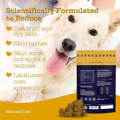 Moe’s Skin & Coat Omega 3, 6, 9 and Vitamin Supplement for Dogs- Supports Dryness, Itch Relief, & Thick, Shiny Coats- Premium Wild Alaskan Salmon Oil- For All Ages and Breeds- 90 Salmon Flavored Chews
