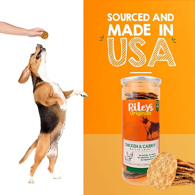 Riley's Waffles Chicken Chips for Dogs w Carrots - USA Sourced Chicken Dog Treats, Limited Ingredient Dog Treats, Dehydrated Jerky Treats Made in USA