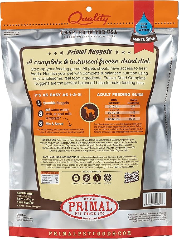 Primal Freeze Dried Dog Food Nuggets, Beef; Complete & Balanced Meal; Also Use as Topper or Treat; Premium, Healthy, Grain Free, High Protein Raw Dog Food, 14 oz (Pack of 2)