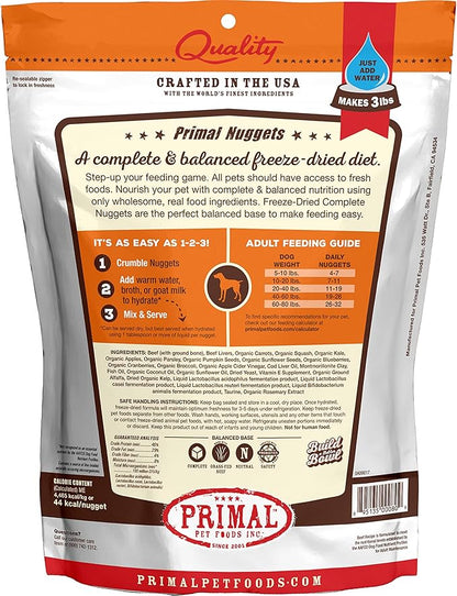 Primal Freeze Dried Dog Food Nuggets, Beef; Complete & Balanced Meal; Also Use as Topper or Treat; Premium, Healthy, Grain Free, High Protein Raw Dog Food, 14 oz