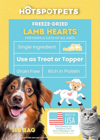 hotspot pets Freeze Dried Lamb Heart Treats for Cats & Dogs - 1LB BIG BAG- Single Ingredient All Natural Grain-Free - Perfect for Training, Healthy Topper or Snack - Made in USA