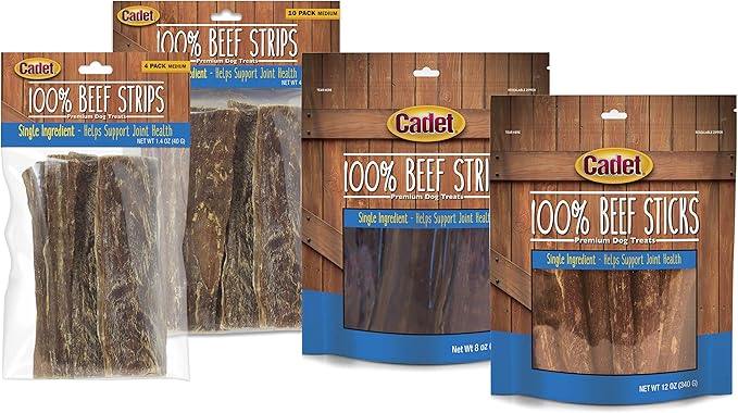 Cadet Beef Sticks Dog Treats - Long-Lasting, Healthy & Natural Beef Esophagus Treats for Small & Large Dogs, Low Calorie & High Protein Dog Chews (12 oz.)