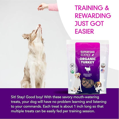 Organic Dog Treats for Small, Medium, and Large Breeds, Semi-Soft Organic Turkey Dog Training Jerky Snack Bites, All-Natural & Gluten-Free, Immunity & Hypoallergenic recipe, 5 oz