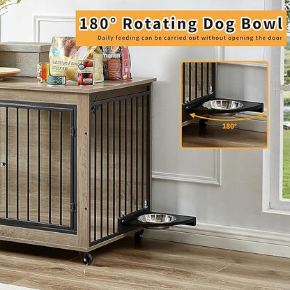 39" Dog Crate Furniture with Rotatable Bowls, Wooden Dog Crate End Table, Decorative Heavy Duty Dog Kennel Furniture Indoor with Double Doors 4 Wheels