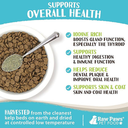Raw Paws Organic Kelp for Dogs & Cats, 8-oz - Iodine Rich for Thyroid, Digestive & Immune Health - Seaweed Powder for Dogs, Sea Kelp for Cats, Kelp Supplement for Dogs, Dried Kelp Powder for Dogs