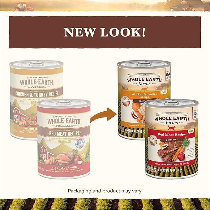 Whole Earth Farms Grain Free Soft Canned Wet Dog Food Pate Variety Pack, Chicken and Turkey, Red Meat Recipes - (12) 9.5 LB Cans