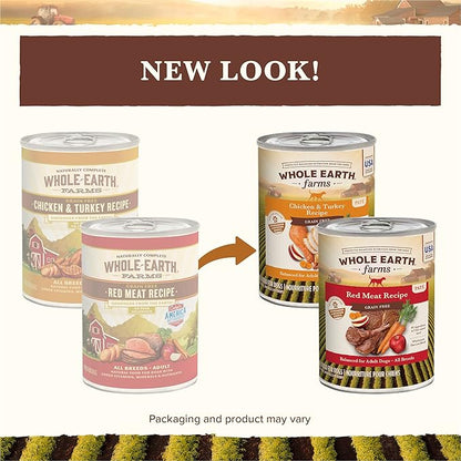 Whole Earth Farms Grain Free Soft Canned Wet Dog Food Pate Variety Pack, Chicken and Turkey, Red Meat Recipes - (12) 9.5 LB Cans