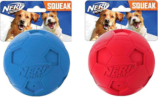 Nerf Dog Soccer Ball Dog Toy with Interactive Squeaker, Lightweight, Durable and Water Resistant, 2.5 Inches, For Medium/Large Breeds, Two Pack, Blue and Red