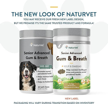 NaturVet Senior Advanced Gum & Breath Dog Supplement – Includes Peppermint, Parsley Leaf to Help Promote Periodontal Health, Fresh Breath for Dogs – 45 Ct. Soft Chews