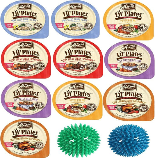 Merick Lil’ Plates Grain Free Small Breed Dogs Food - Petite Pot Pie, Itsy Bitsy Beef Stew, Pint Puppy Plate, Teeny Texas Steak Tips Dinner & Tiny Thanksgiving Dinner - Total 10 Tubs with 2 Toys