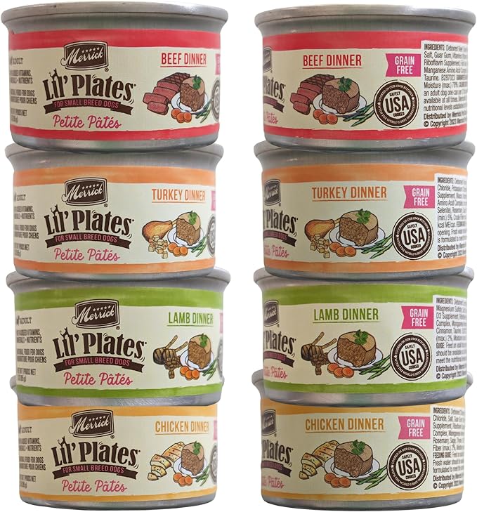 Merrick Lil’ Plates Small Breed Dog Food Petite Pates - 4 Flavor 8 Can Sampler (2) Each: Beef, Chicken, Turkey & Lamb 3 oz Each. Plus Healthy Pets Tip Booklet & Roll of Dog Waste Bags