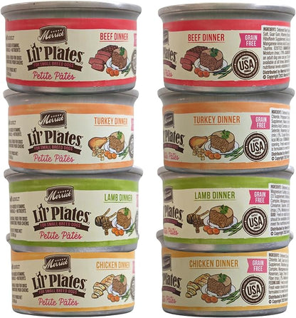 Merrick Lil’ Plates Small Breed Dog Food Petite Pates - 4 Flavor 8 Can Sampler (2) Each: Beef, Chicken, Turkey & Lamb 3 oz Each. Plus Healthy Pets Tip Booklet & Roll of Dog Waste Bags